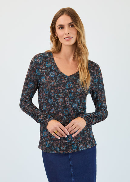 FDJ - BLACK CRESTFLORAL PRINT LONG SLEEVE TOP - 3184508