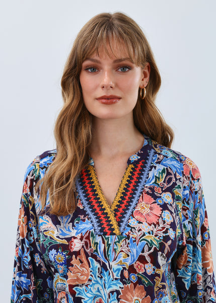 FDJ - DAMASK WATERCOLOUR - EMBELLISHED NECK TOP - 3188153