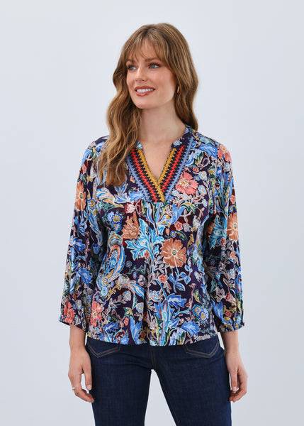 FDJ - DAMASK WATERCOLOUR - EMBELLISHED NECK TOP - 3188153