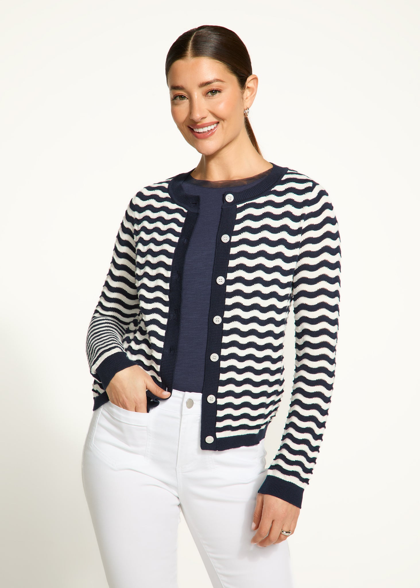 FDJ - WAVE STITCH CARDIGAN - 1184624  - NAVY / WHITE