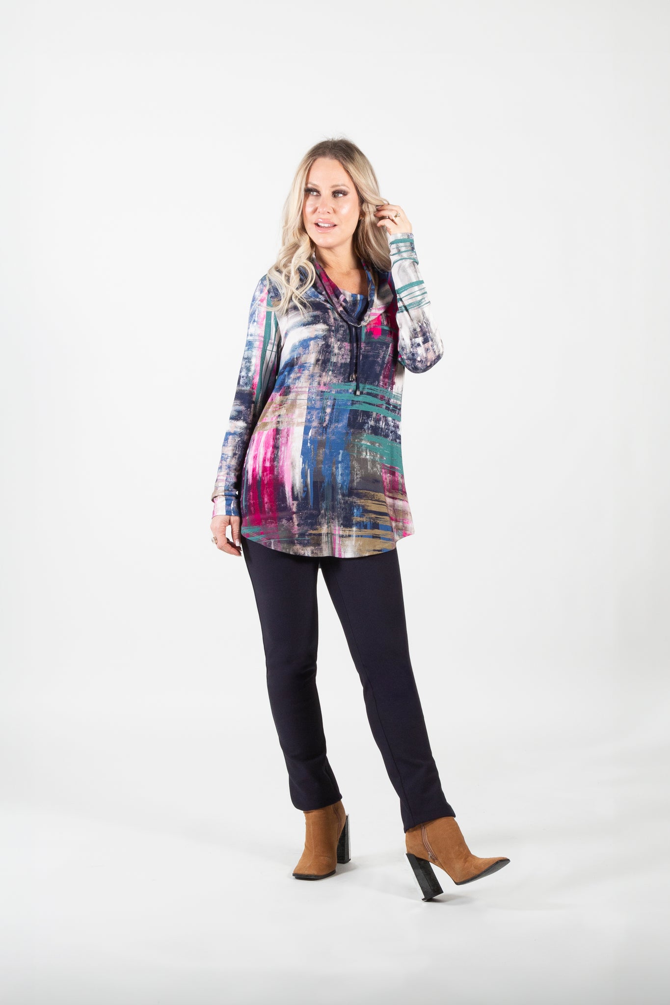 PURE ESSENCE - VIVID GEMS PRINT COWL TOP - 125-4534 - 2 Colours