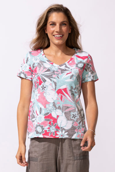 ESCAPE - FIJI FLORAL COTTON V NECK TEE - 13400- 2 Colours