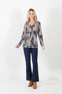 PURE ESSENCE - PRINT V NECK TOP - 164-4615