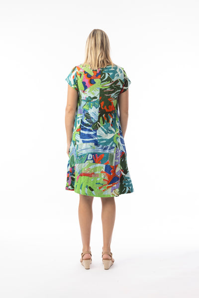 ORIENTIQUE - LEAVES BLUE PRINT COTTON JERSEY DRESS - 20152LB