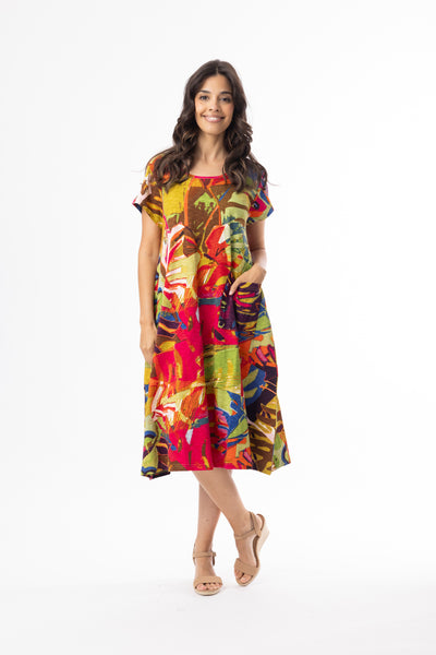 ORIENTIQUE - LEAVES RED PRINT COTTON JERSEY DRESS - 20152LR