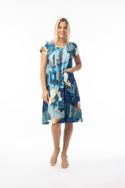 ORIENTIQUE - TOWER BLUE PRINTED COTTON JERSEY DRESS - 20152TB