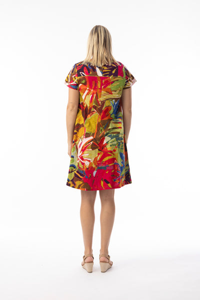ORIENTIQUE - LEAVES RED PRINT COTTON JERSEY DRESS - 20152LR