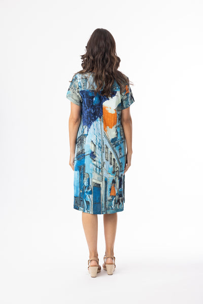 ORIENTIQUE - TOWER BLUE PRINTED COTTON JERSEY DRESS - 20152TB