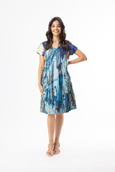 ORIENTIQUE - TOWER BLUE PRINT EASY FIT DRESS- 20154TB