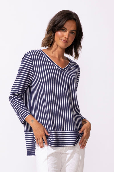 ESCAPE - SANTA BARBARA STRIPE EASY V NECK TEE - 23542- 2 Colours