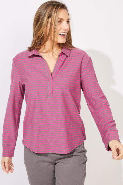 ESCAPE - PRIMO STRIPE SPLIT NECK TOP - E23544 - 2 Colours