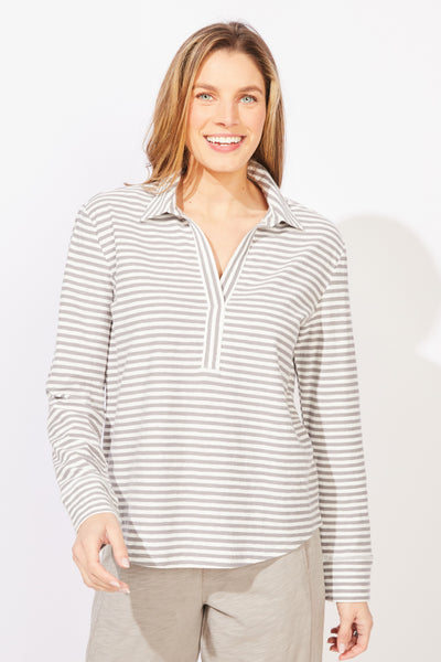 ESCAPE - PRIMO STRIPE SPLIT NECK TOP - E23544 - 2 Colours