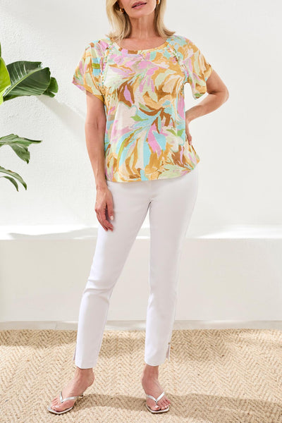 TRIBAL - SCOOP NECK PRINT TOP W/ PLEATING DETAIL - 2435O-1557 - 2 Colours