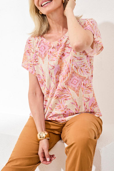 TRIBAL - SCOOP NECK PRINT TOP W/ PLEATING DETAIL - 2435O-1557 - 2 Colours