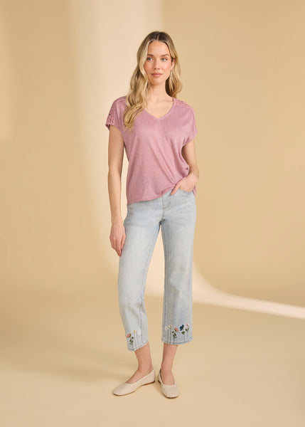 FDJ- EMBROIDERED FLORAL PULL ON STRAIGHT CROP JEAN - 2489669