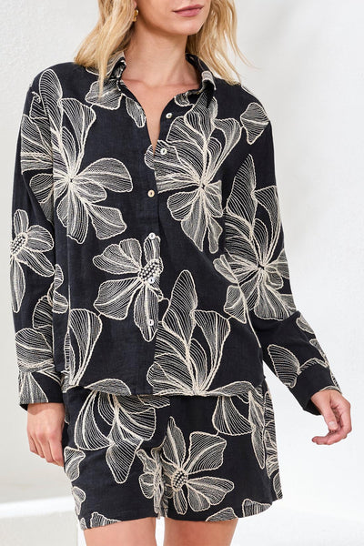 TRIBAL - BLACK PRINT LONG SLEEVE BLOUSE - 3001O-8477