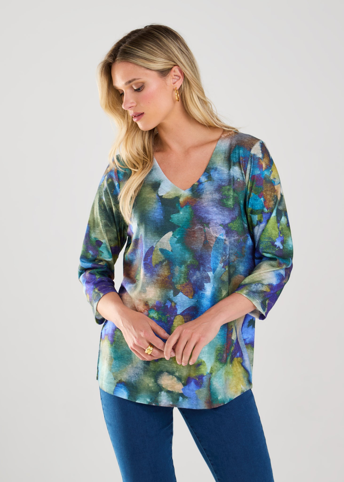 FDJ - NORAH PRINT - 3/4 SLEEVE V NECK TOP - 3033451