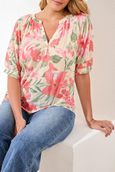 TRIBAL - CANVAS FLORAL PRINT HENLEY TOP - 3035O-1557