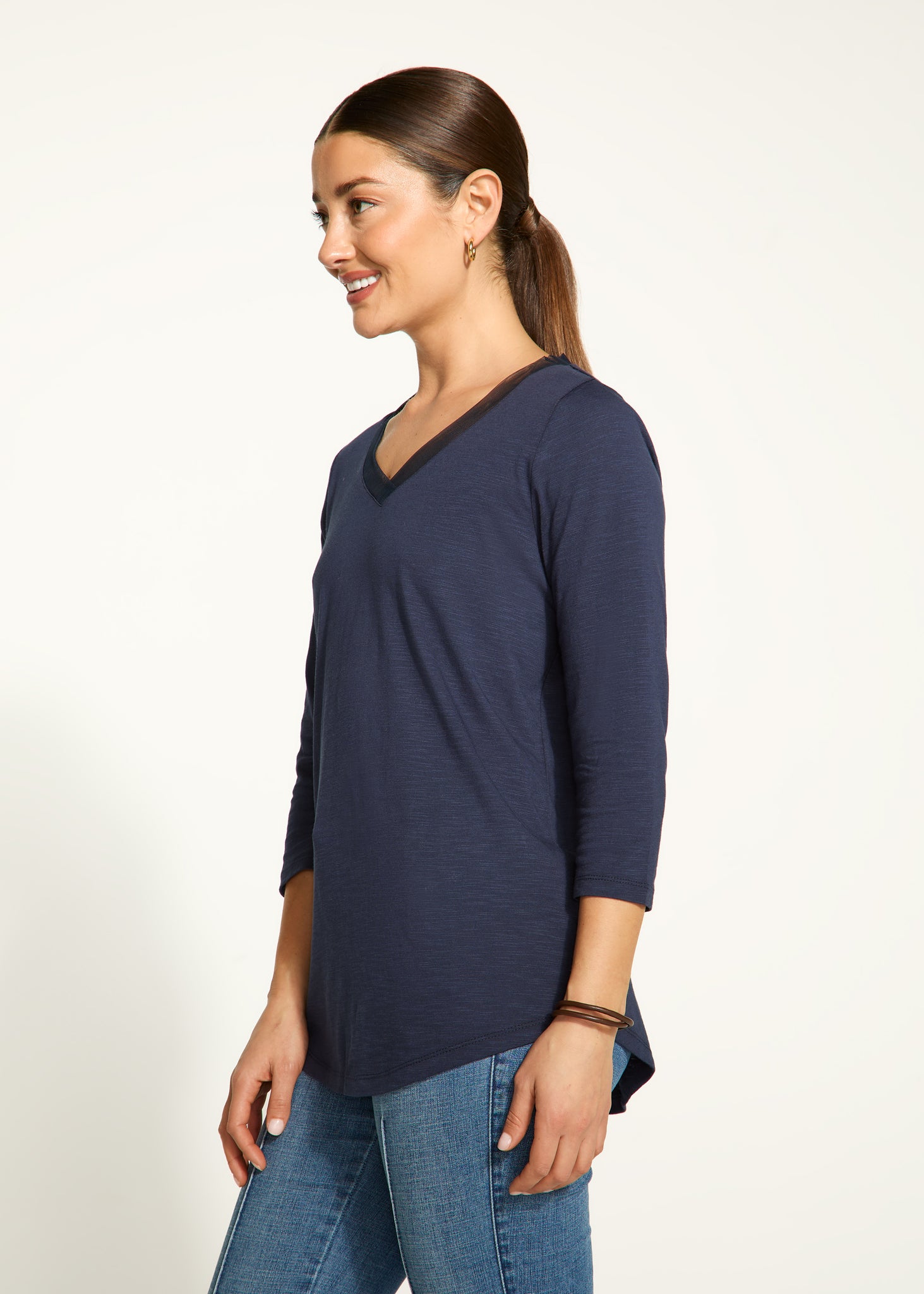 FDJ - SOFT MESH DETAIL 3/4 SLEEVE TOP- 3148476 - 2 Colours