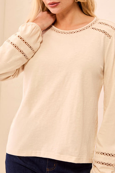 TRIBAL - DOTTED TRIM COTTON LONG SLEEVE TOP - 3252O-8168 - 2 Colours
