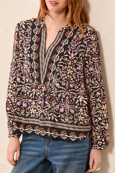 TRIBAL - EMBELLISHED NECKLINE PRINT BLOUSE - 3254O-3912