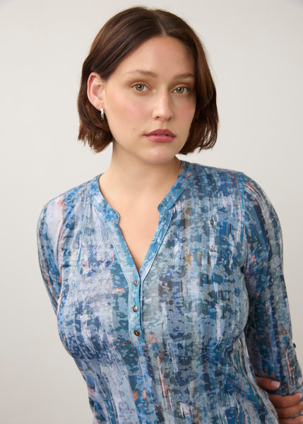 FDJ - GRAVITY INDIGO PRINT - HENLEY 3/4 TOP - 3387844