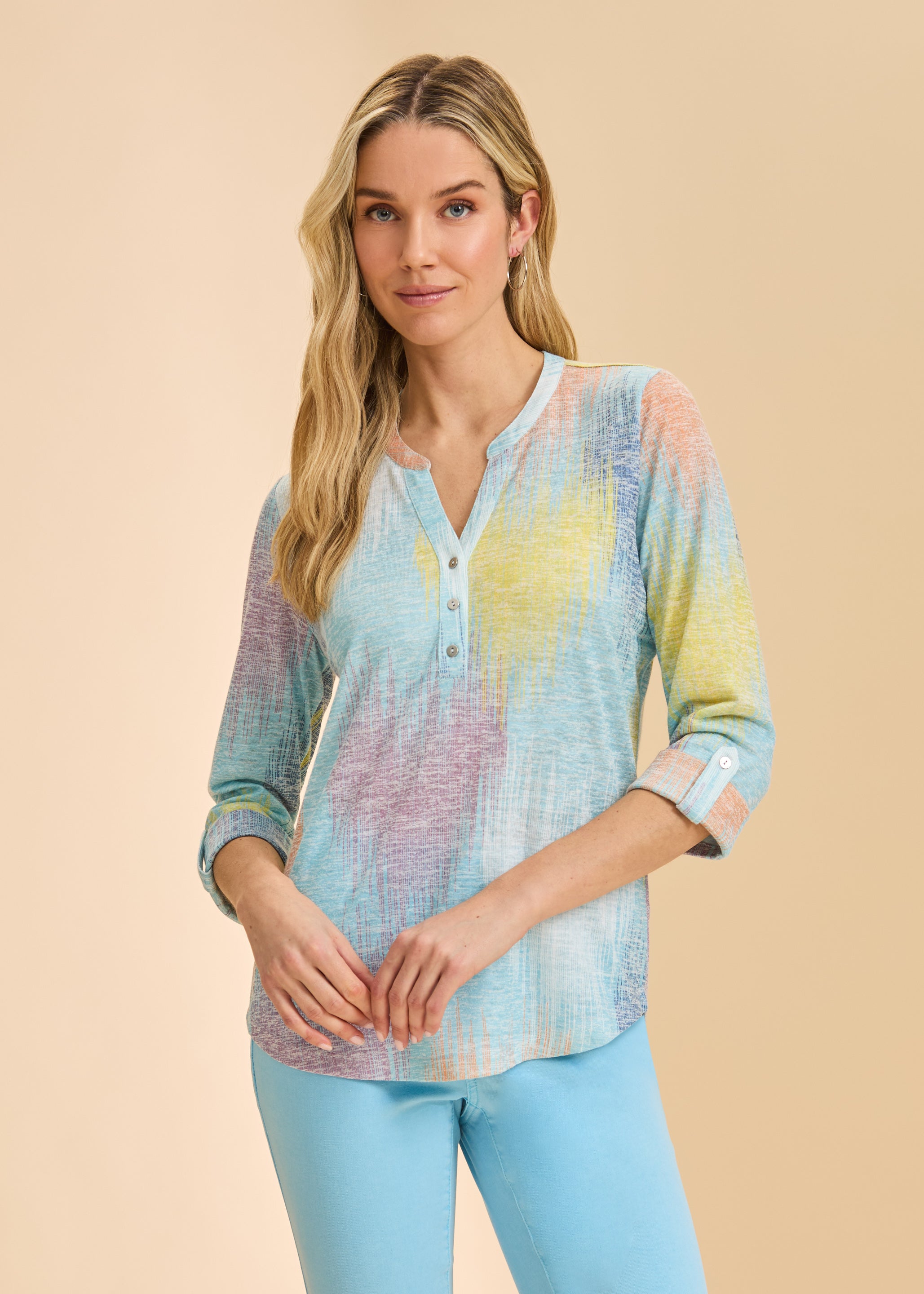 FDJ - HEART IKAT PRINT HENLEY 3/4 SLEEVE TOP - 3680435 – The