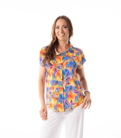 PURE ESSENCE - ENCHANTED BLOOM PRINT CAP SLEEVE BLOUSE 583-4996