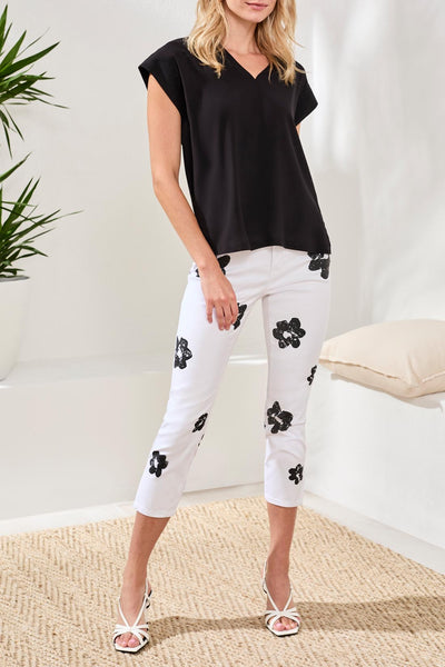 TRIBAL - MIXED MEDIA BLACK CAP SLEEVE BLOUSE - 6196O-4761