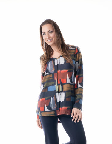 PURE ESSENCE - PRINT V NECK TOP - 621-4615