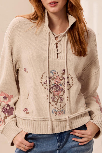 TRIBAL - LACE UP MOCK NECK EMBROIDERED DETAIL SWEATER- 6335O-5619