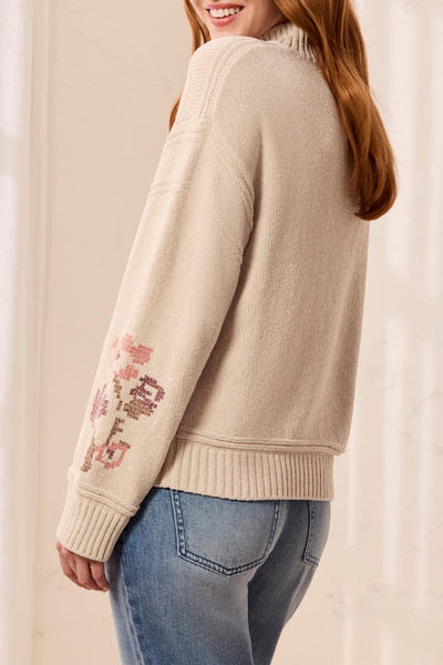 TRIBAL - LACE UP MOCK NECK EMBROIDERED DETAIL SWEATER- 6335O-5619