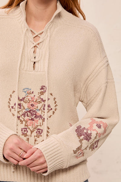 TRIBAL - LACE UP MOCK NECK EMBROIDERED DETAIL SWEATER- 6335O-5619