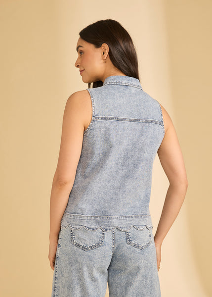 FDJ - SLEEVELESS SCALLOPED LIGHTWEIGHT DENIM SHIRT - 7182992