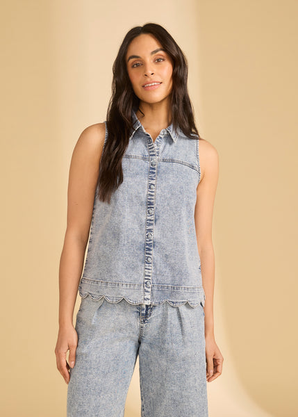 FDJ - SLEEVELESS SCALLOPED LIGHTWEIGHT DENIM SHIRT - 7182992