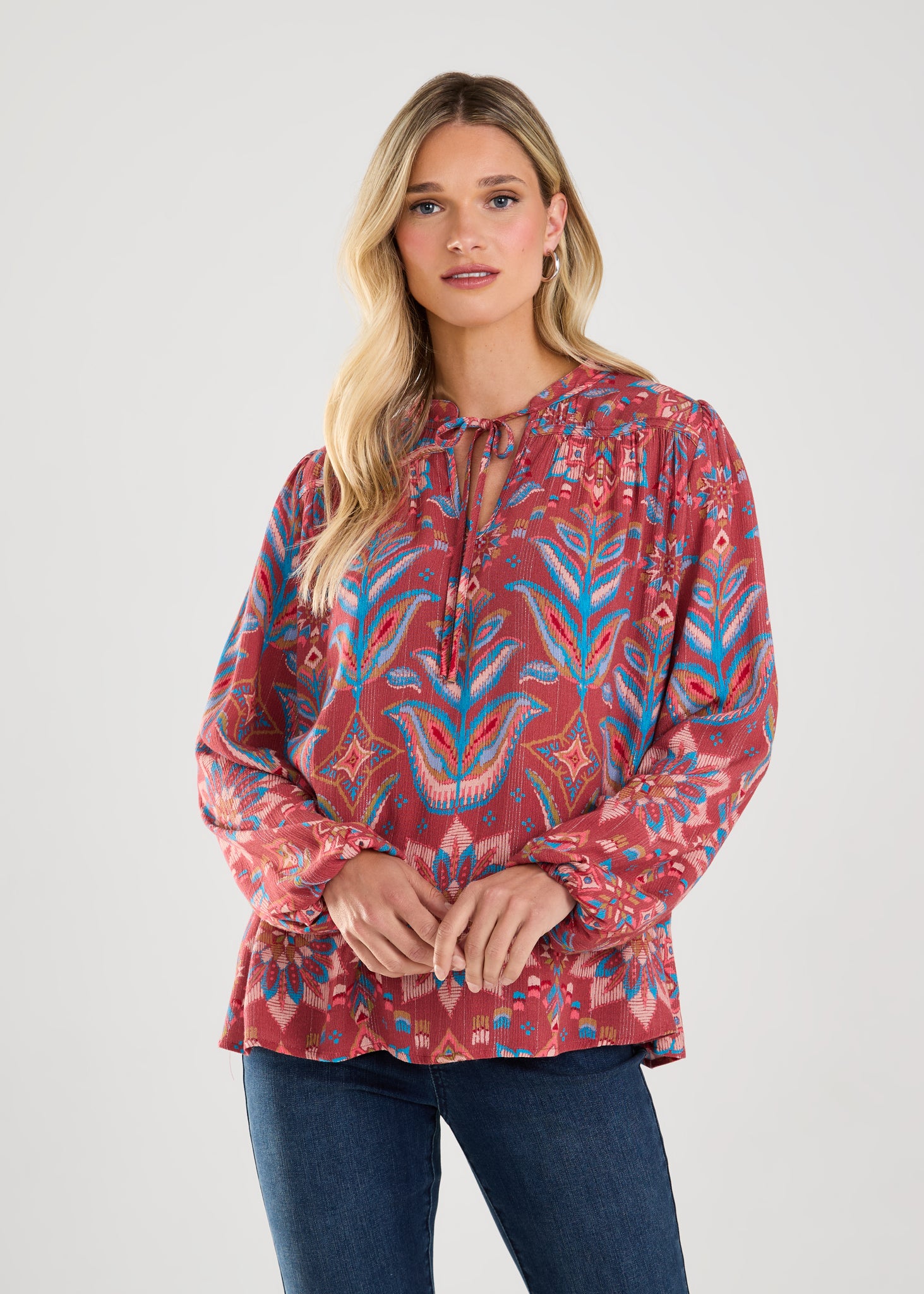 FDJ - SPIRO PRINT W/ LUREX ACCENT TIE-UP BLOUSE - 7199883