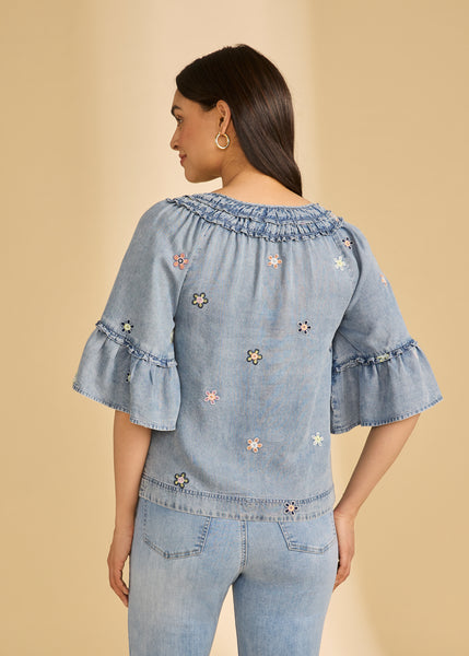 FDJ - RUFFLE DENIM TOP W/ EMBROIDERED DETAIL - 7589846
