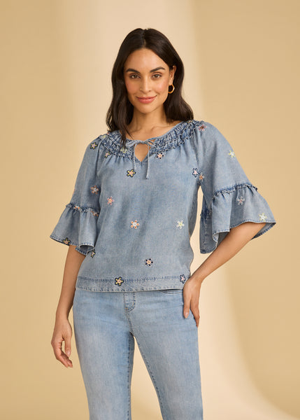 FDJ - RUFFLE DENIM TOP W/ EMBROIDERED DETAIL - 7589846