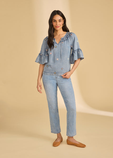 FDJ - RUFFLE DENIM TOP W/ EMBROIDERED DETAIL - 7589846