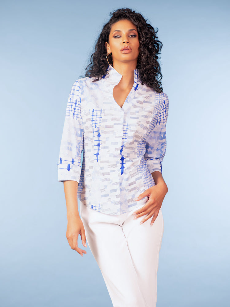 ALISON SHERI - FLUTED NECKLINE 3/4 SLEEVE COTTON BLOUSE - A47175