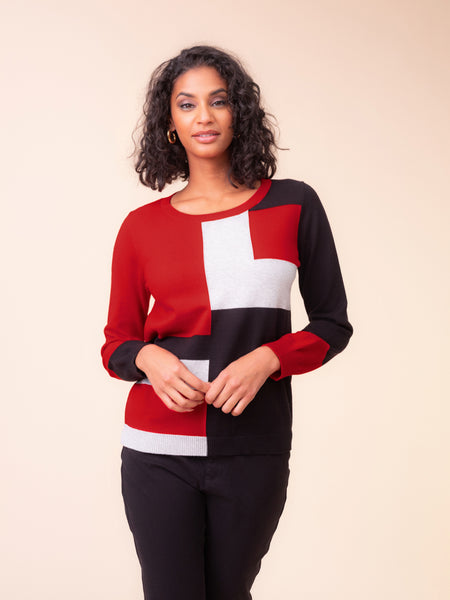 ALISON SHERI - COTTON CREW NECK COLOUR BLOCK SWEATER - A48067