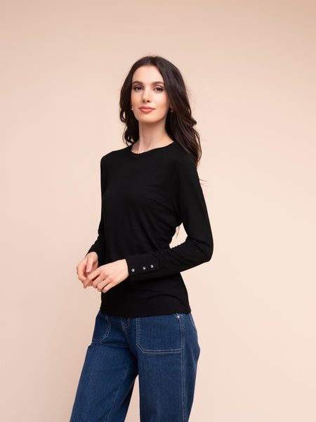 ALISON SHERI - CREW NECK LONG SLEEVE TOP WITH SNAP DETAIL - A48151 - 4 colours