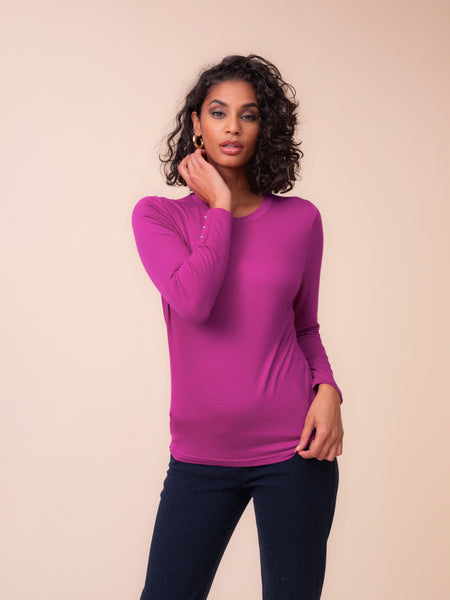 ALISON SHERI - CREW NECK LONG SLEEVE TOP WITH SNAP DETAIL - A48151 - 4 colours