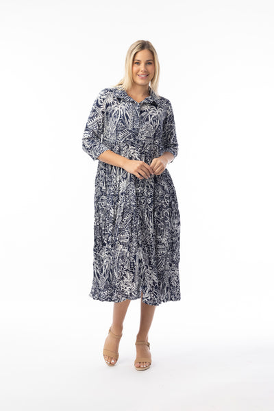 ORIENTIQUE - AKSHARAY NAVY PRINT MIDI DRESS - 40222