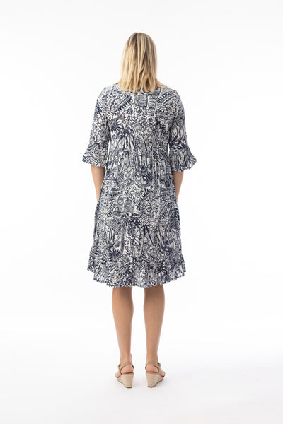 ORIENTIQUE - AKSHARAY NAVY PRINT MIDI DRESS - 40222