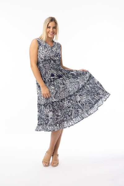 ORIENTIQUE - AKSHARAY NAVY BOHO PRINT DRESS- 40226