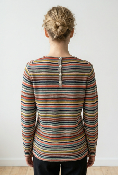 MANSTEAD - MOMENT ORGANIC COTTON STRIPED SWEATER WITH BACK BUTTON DETAIL