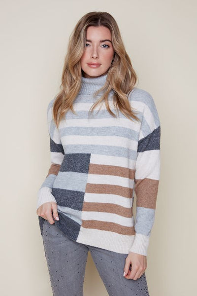 RENUAR - MULTI STRIPE MOCK NECK ULTRA SOFT SWEATER - R6904-4303