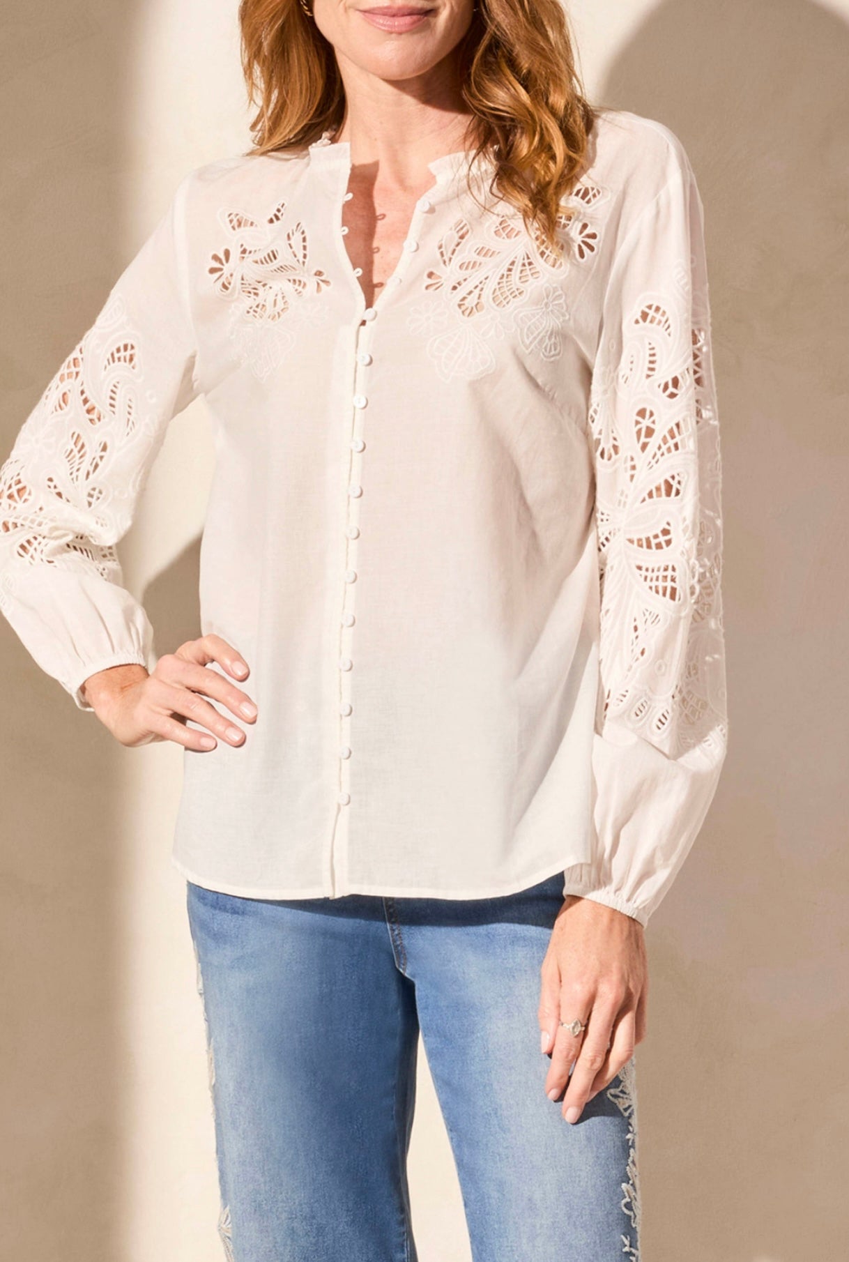 TRIBAL - WHITE BLOUSE W/ EMBROIDERY CUT OUTS - 5807O-5271