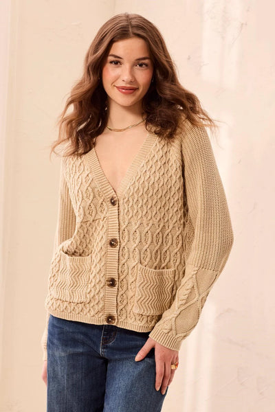 TRIBAL - CABLE KNIT SPECIAL WASH V-NECK SWEATER CARDIGAN - 6246O-4632